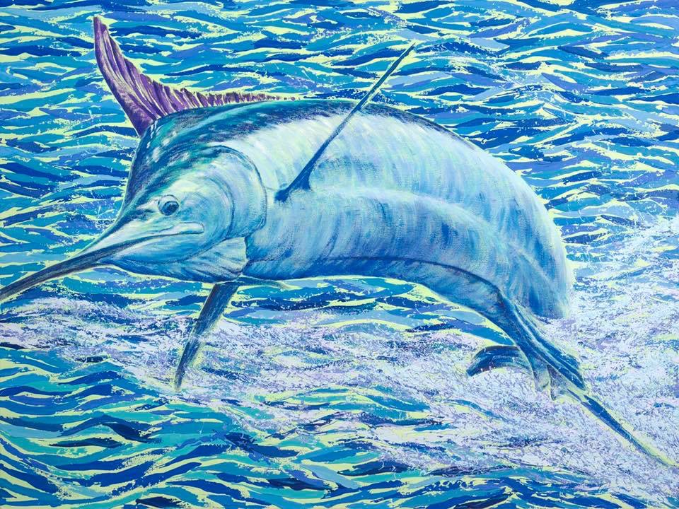 Fat Bottomed Girl (2019 Hawaii Marlin Tournament Series), Acrylic by Amy-Lauren Lum Won - Kauai fish art, Hawaii fish paintings